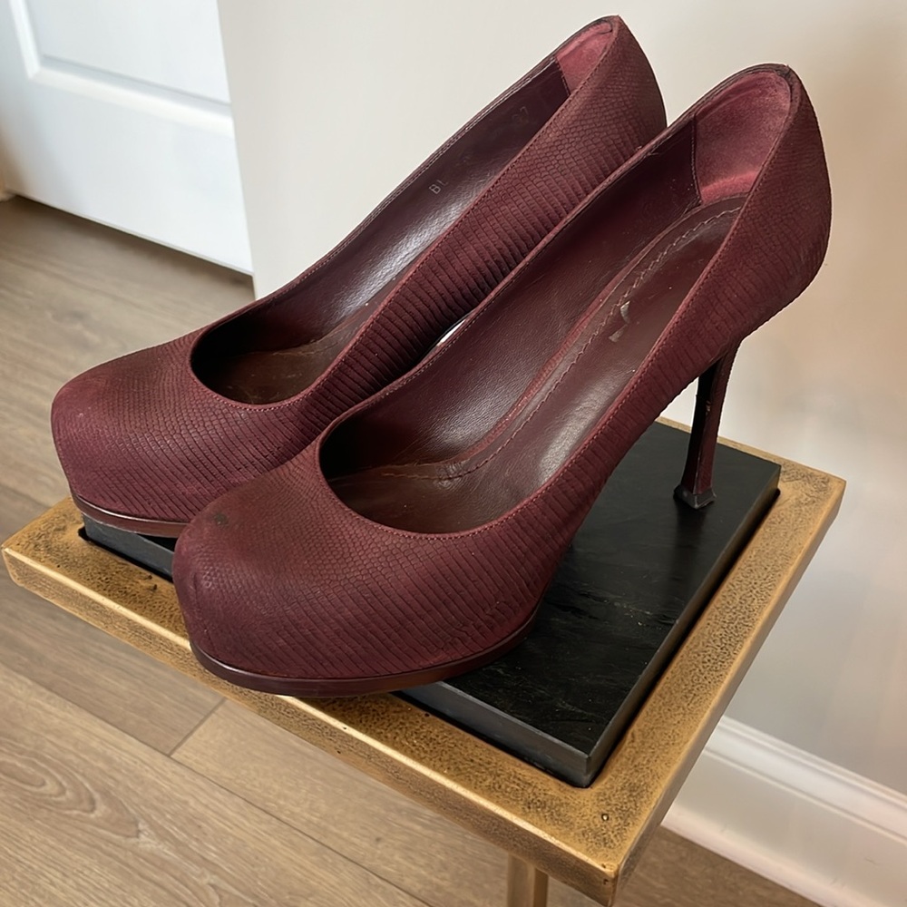 YSL Burgundy Pebbled Leather Platform Heels Size EU 37 - Picture 6 of 14